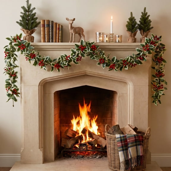 5.74 Ft Christmas Garland with Red Berry and Leaf, Artificial Green Plants Pines and Imitation Rattan for Christmas Home Dining Table Decoration or Window Ornaments