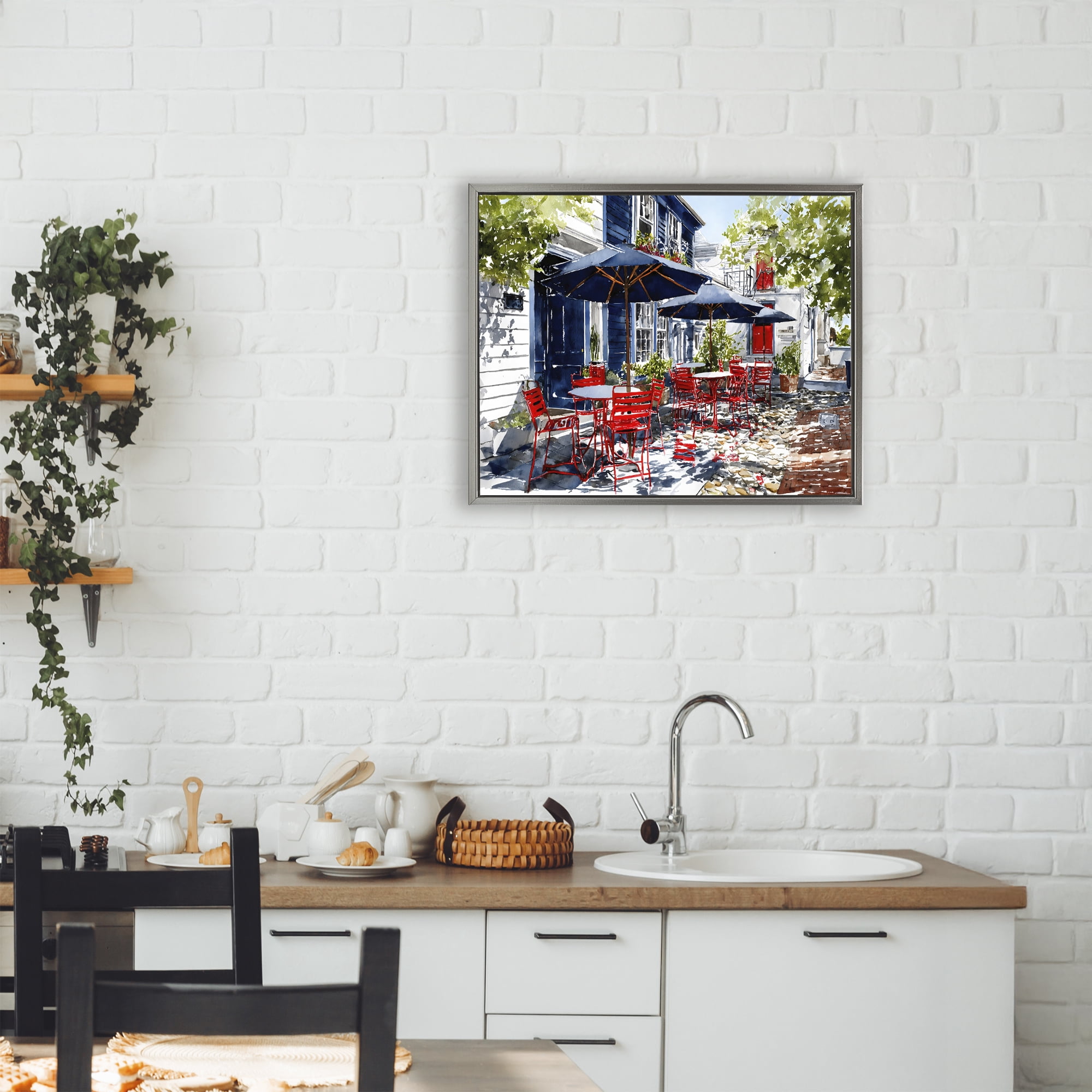 Stupell Industries Cafe Classic Red Chairs Gray Framed Floater Canvas Wall Art, design by Franklyn Gregory