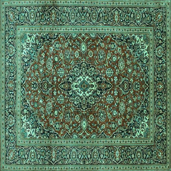 Ahgly Company Machine Washable Indoor Square Medallion Turquoise Blue Traditional Area Rugs, 7' Square