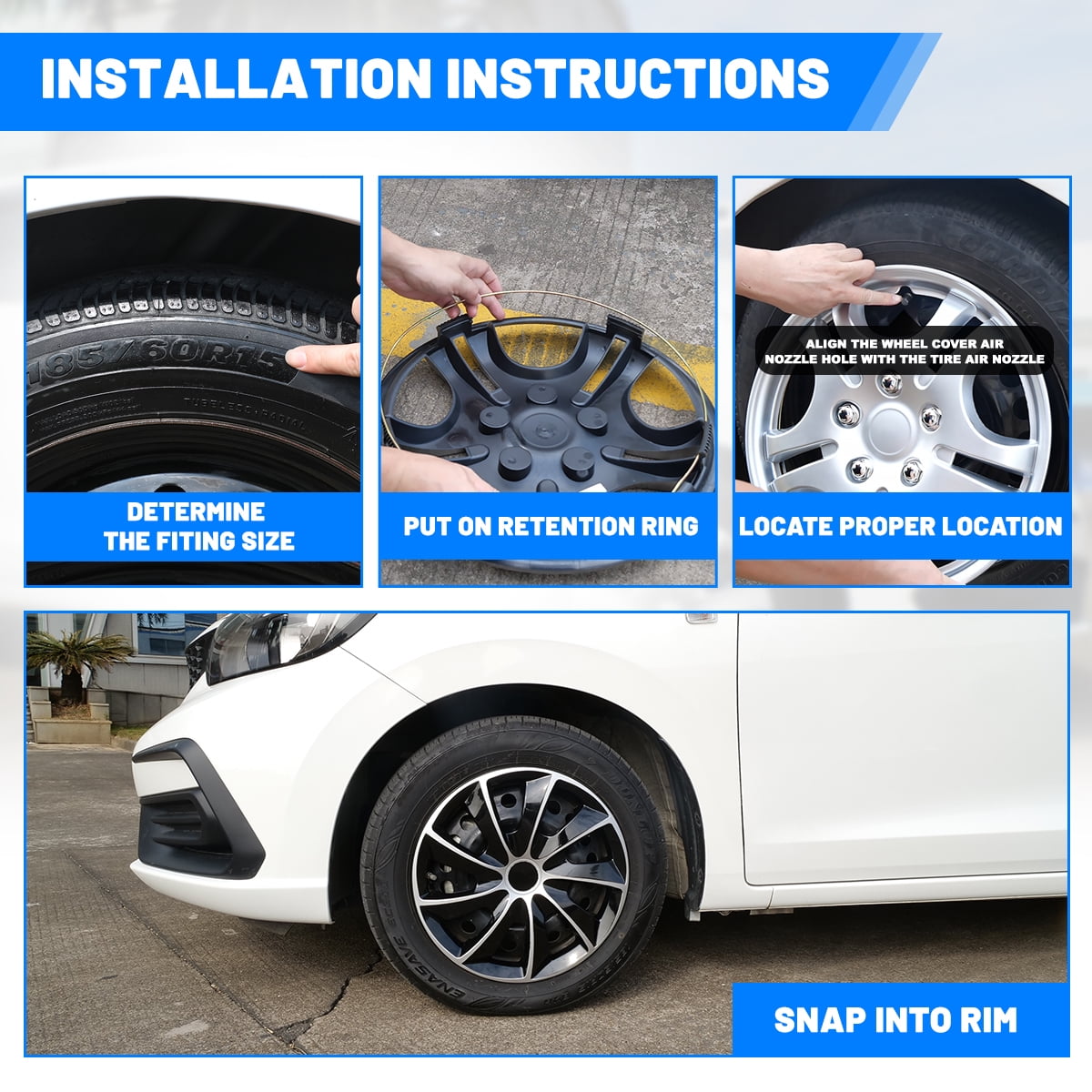 16" Set of 4 Silver & Black Lacquer Wheel Covers Snap on Hub Caps Fit R16 Tire + Steel Rim,ABS Plastic