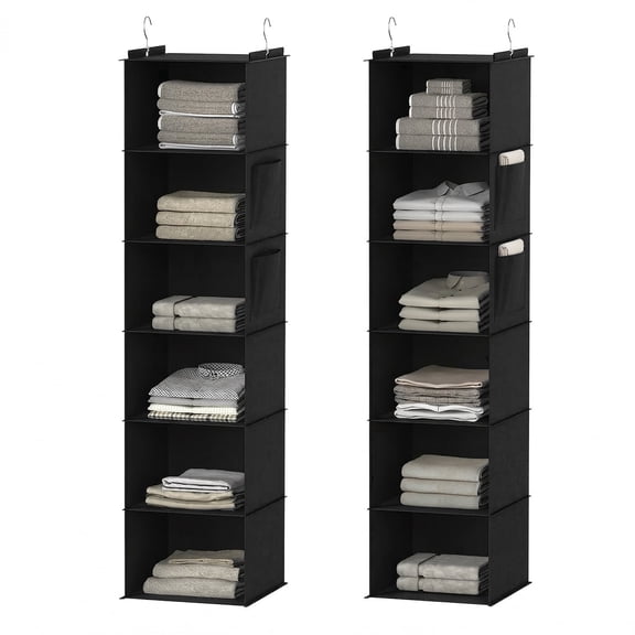 XUEYU Hanging Closet Organizer, 2 Pack Closet Hanging Storage Shelves with Bamboo Inserts, 6-Shelf Sturdy Hook Closet Organizers and Storage W/ 2 Side Pockets,Foldable Closet Storage for Bedroom,Gray