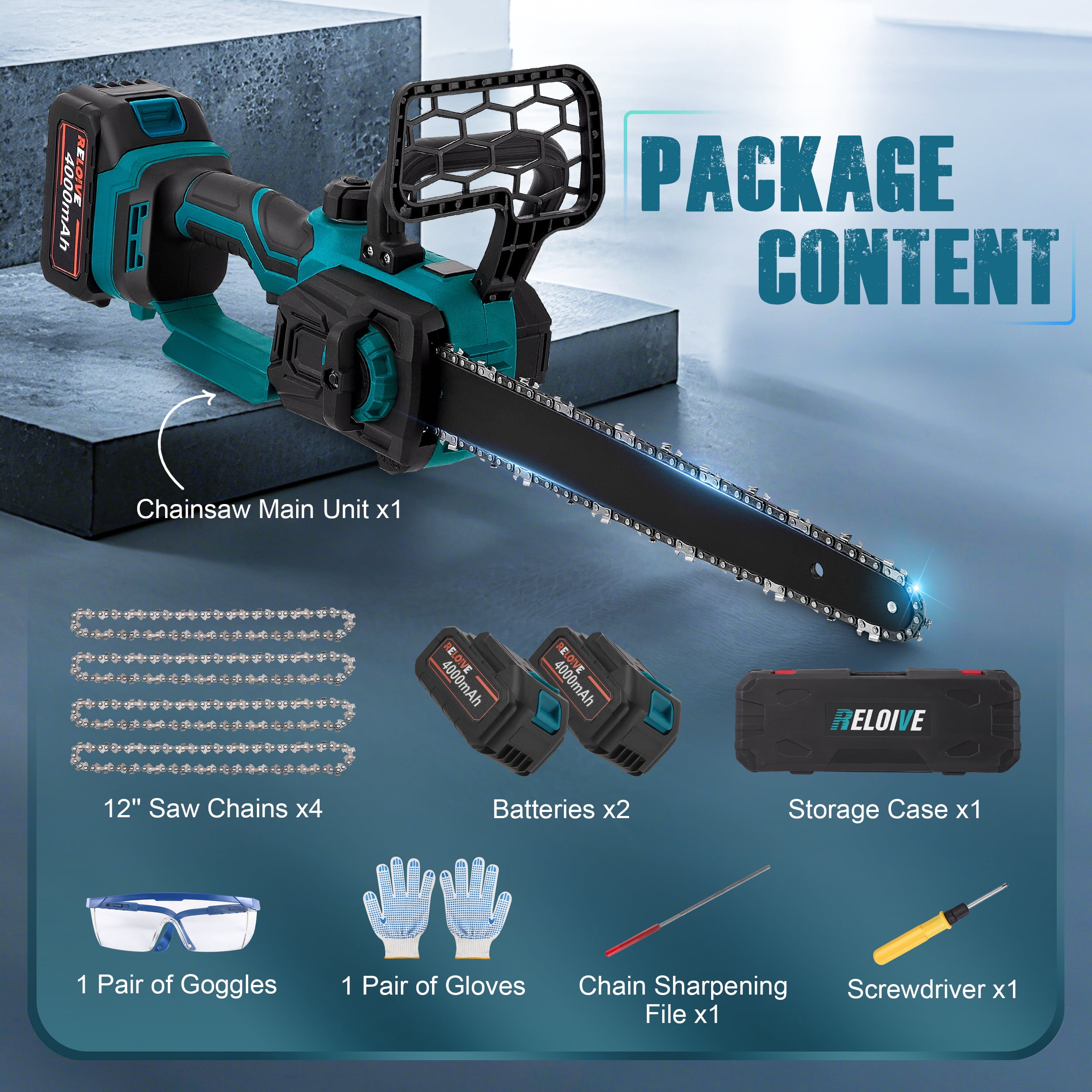 RELOIVE 12" Chainsaw, Cordless battery Chainsaw with 2x 4.0Ah Batteries , Electric Chainsaw with 1200W Brushless Motor, Automatic Lubrication, Power Chain Saw for Wood Cutting Tree Trimming-Blue