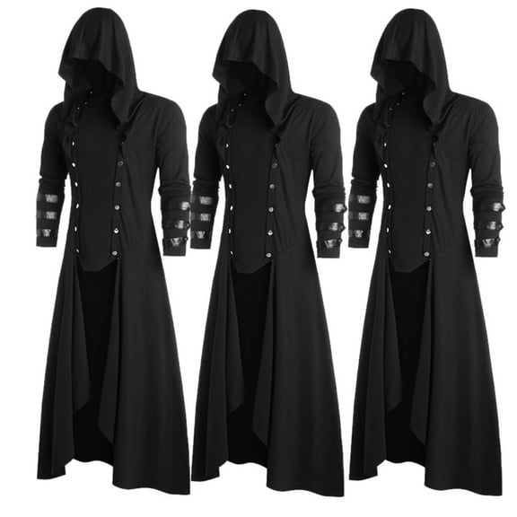 gbyLJF Men's Vintage Gothic Frock Dress Coat Steampunk Hooded Jacket Halloween Costume Stage Costume Button Up Coats