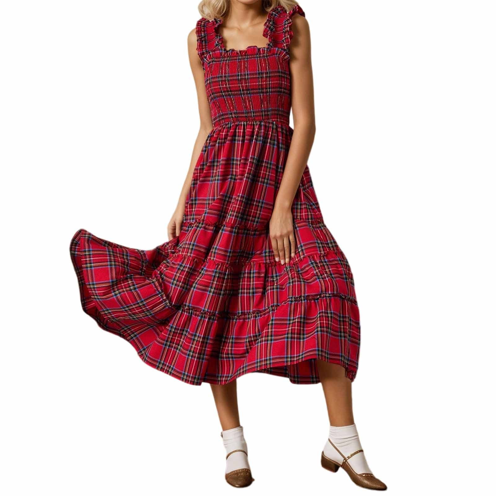Letdown Women Christmas Plaid Sleeveless Maxi Dress Square Collar Vintage Gingham Party Dress Y2k (Red,L)