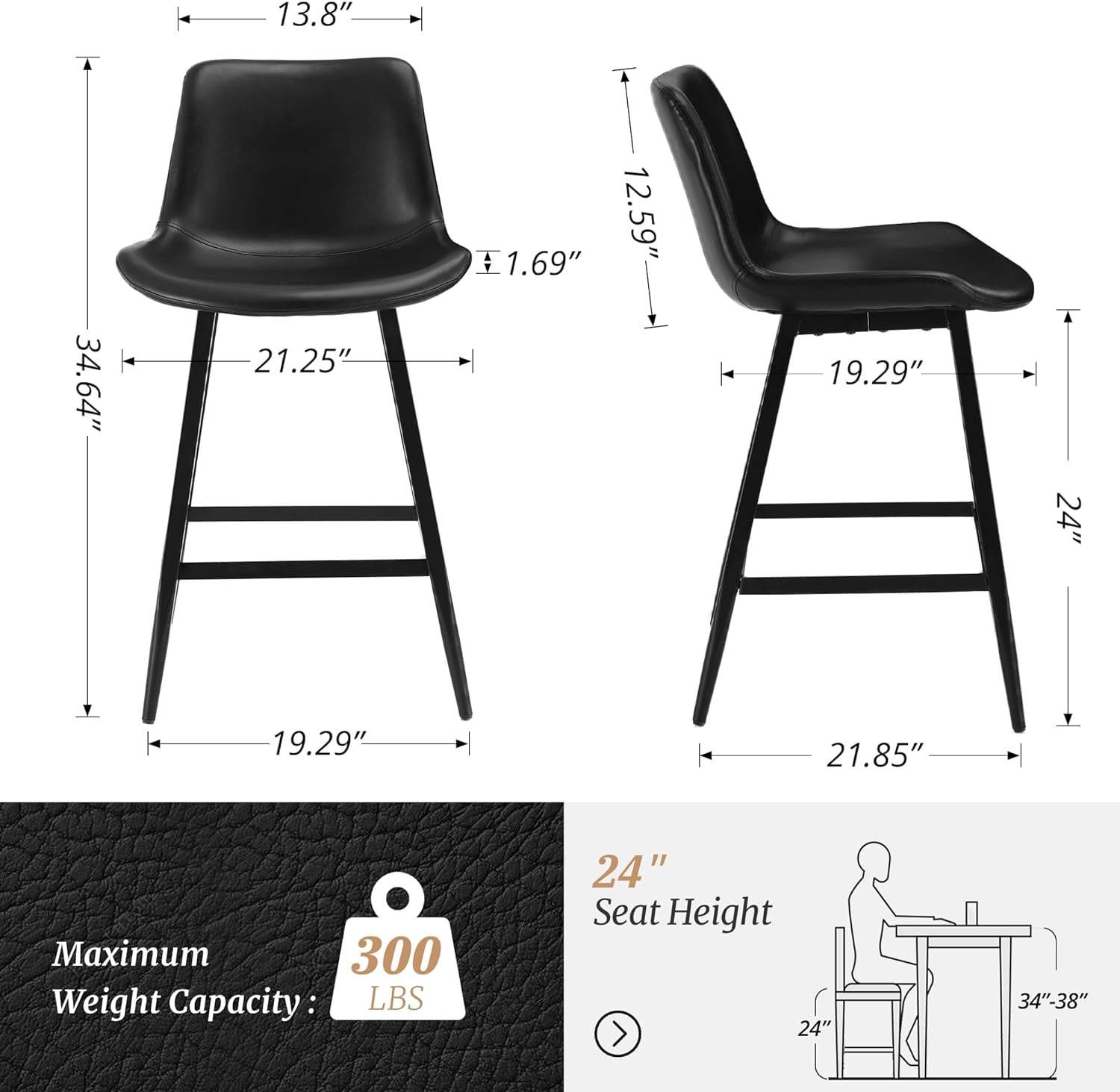 Dycanpo 24” Counter Height Bar Stools Set of 4, Modern Faux Leather, for Home Kitchen, Black