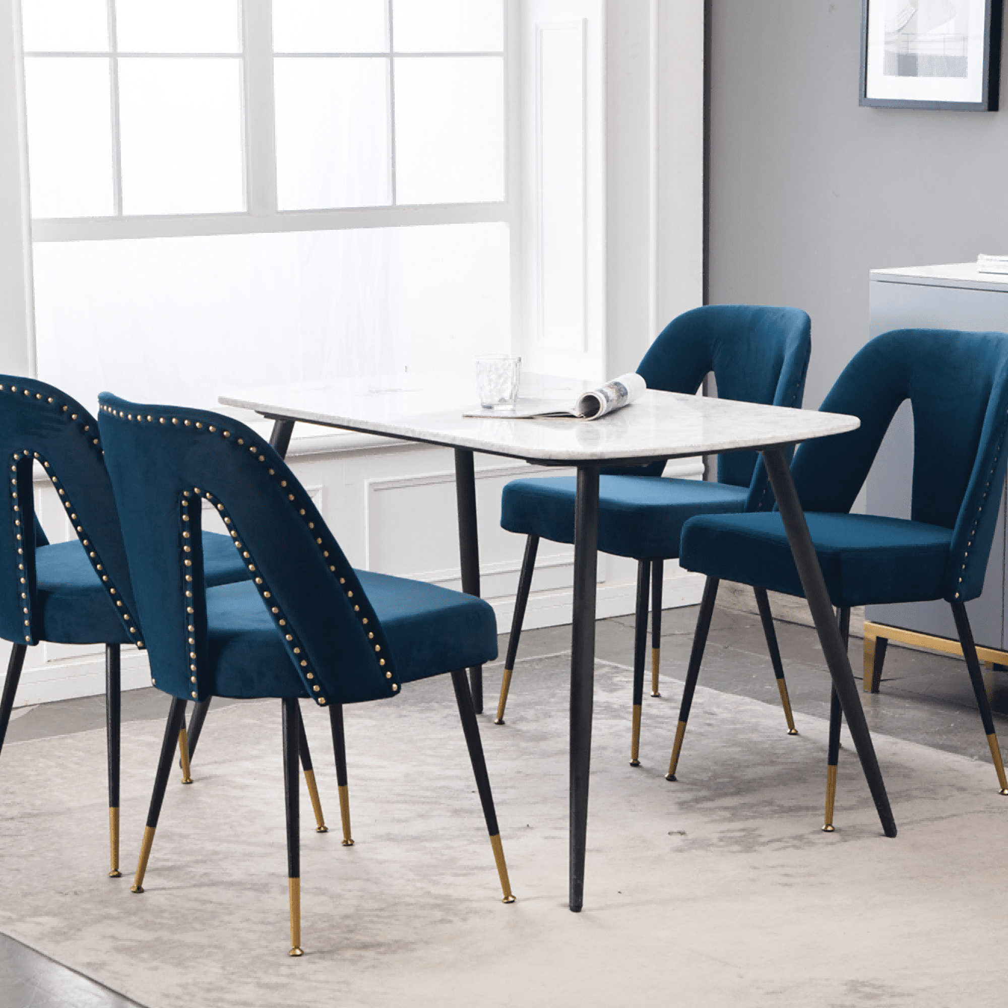 Velvet Dining Chairs, Mid Century Modern Kitchen Chair, Contemporary Dining Chair with Metal Leg, High Back, Armless Upholstered Leisure Side Chair for Dining Room Lounge (Set of 4)