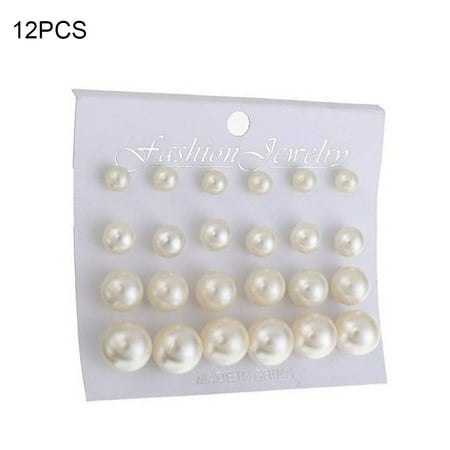 12 Pairs Shiny Round Imitation Pearl Earrings Alloy Stud Earrings