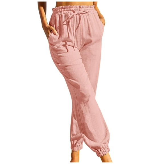 Summer Cotton Linen Capri Pants for Women Elastic Waist Drawstring Casual Loose Cinch Bottom Pockets Capris Cropped Pants