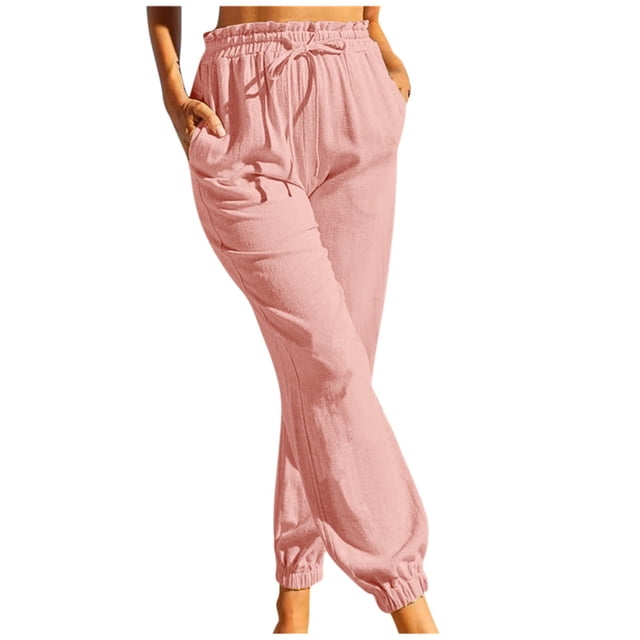 FNFYFH Clearance Ladies Plus Size High Waist Linen Pants Loose Fit Solid Color