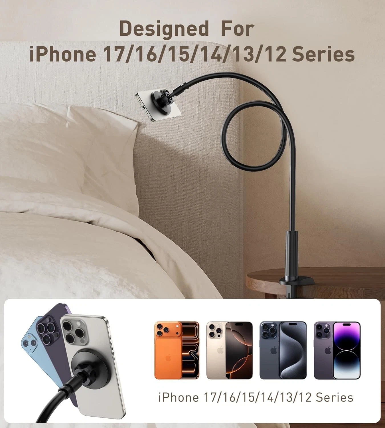 Magnetic Phone Holder For Bed Laying Down Bedside Gooseneck Stand Flexible Mount