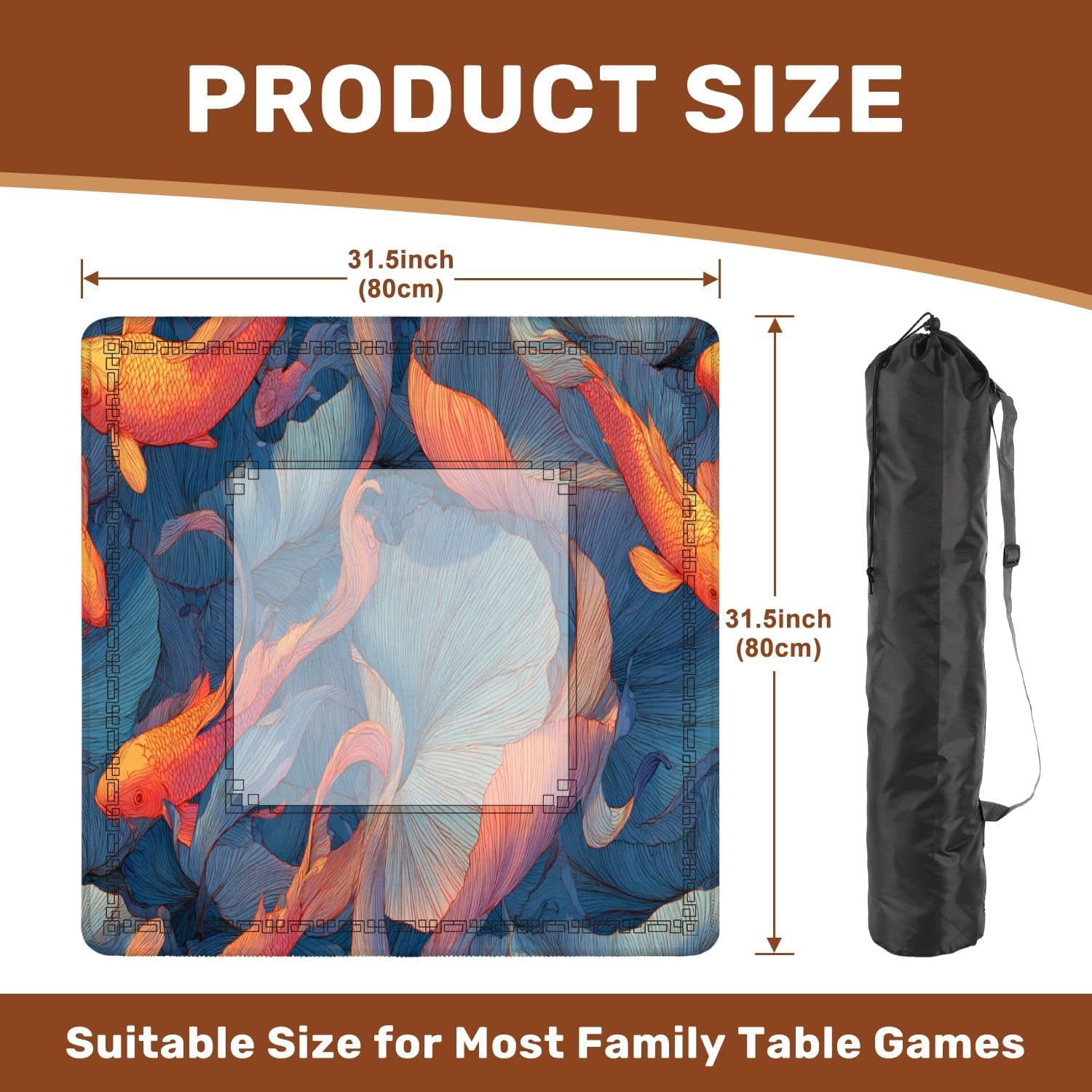 Mahjong Mat 31.5" x 31.5" Pastel Watercolor Pond Lotus Fish Japanese Aesthetics Non-Slip Noise Reduction Mahjong Tiles Table Cover for Dominoes Poker Card Board and Tile Games