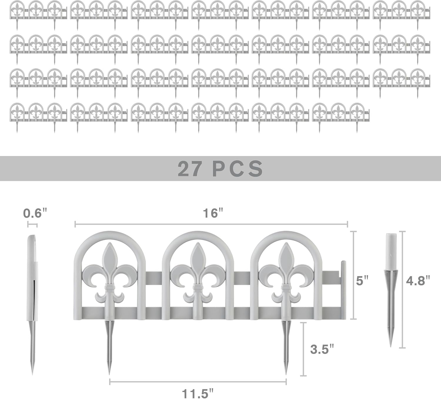 Gray Plastic Garden Border Edging No-Dig, Arched Design with Spade – 27pcs Decorative Landscape Fence Kit, 35ft Lawn Edge Barrier
