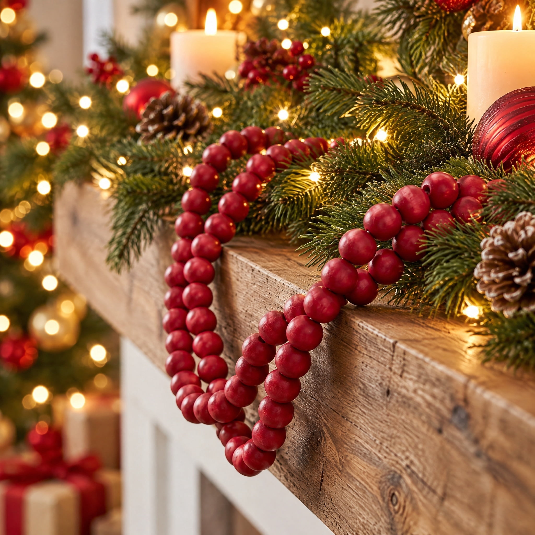 Wood Bead Christmas Garland, Red, 9', by Holiday Time