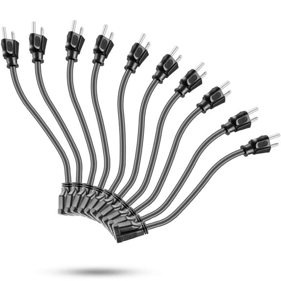 KMC Short Extension Cord 10-Pack, 1-Foot, 16/3, Outlet Saver, Black