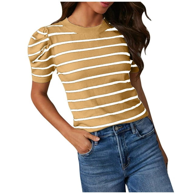 Birdeem Hauts en Tricot à Manches Courtes Bouffantes pour Femmes T-Shirts à Col Rond Rayés Tendance Blouses d'Été Décontractées