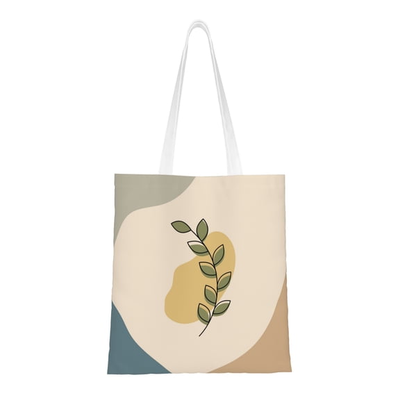 DouZhe Reusable Grocery Bags, Boho Doodle Minimalist Leaves Lightweight Polyester Canvas Cloth Tote Bag for Travle Gym Shopping School, 15" x 16"
