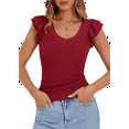thumbnail image 2 of Womens Summer V Neck Ruffle Sleeveless Slim Fit T-Shirts Wine Red M, 2 of 7
