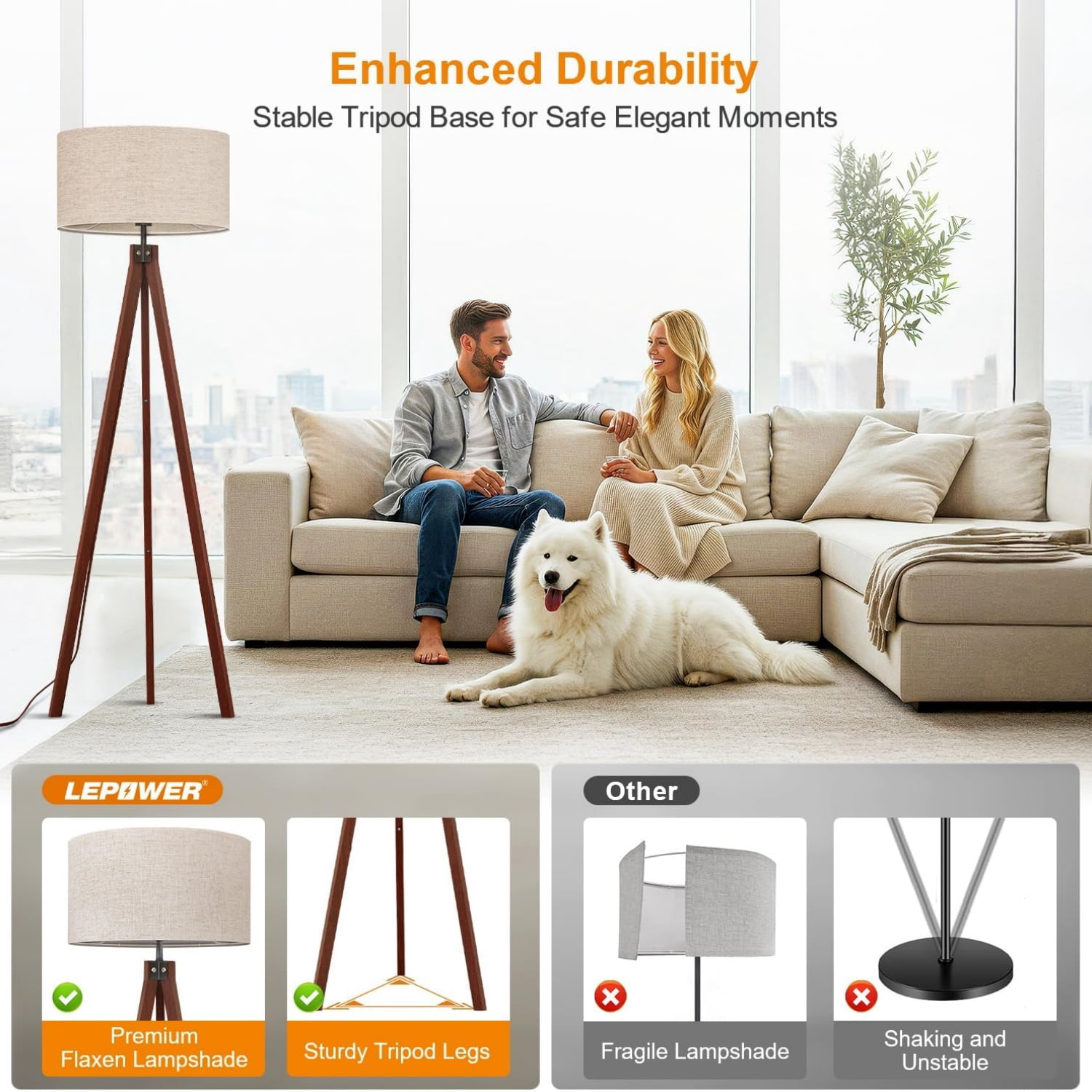 Wood Tripod Floor Lamp, Modern Studying Light for Living Room, Bedroom, Study Room and Office, Flaxen Linen Shade with E26 Base Brown