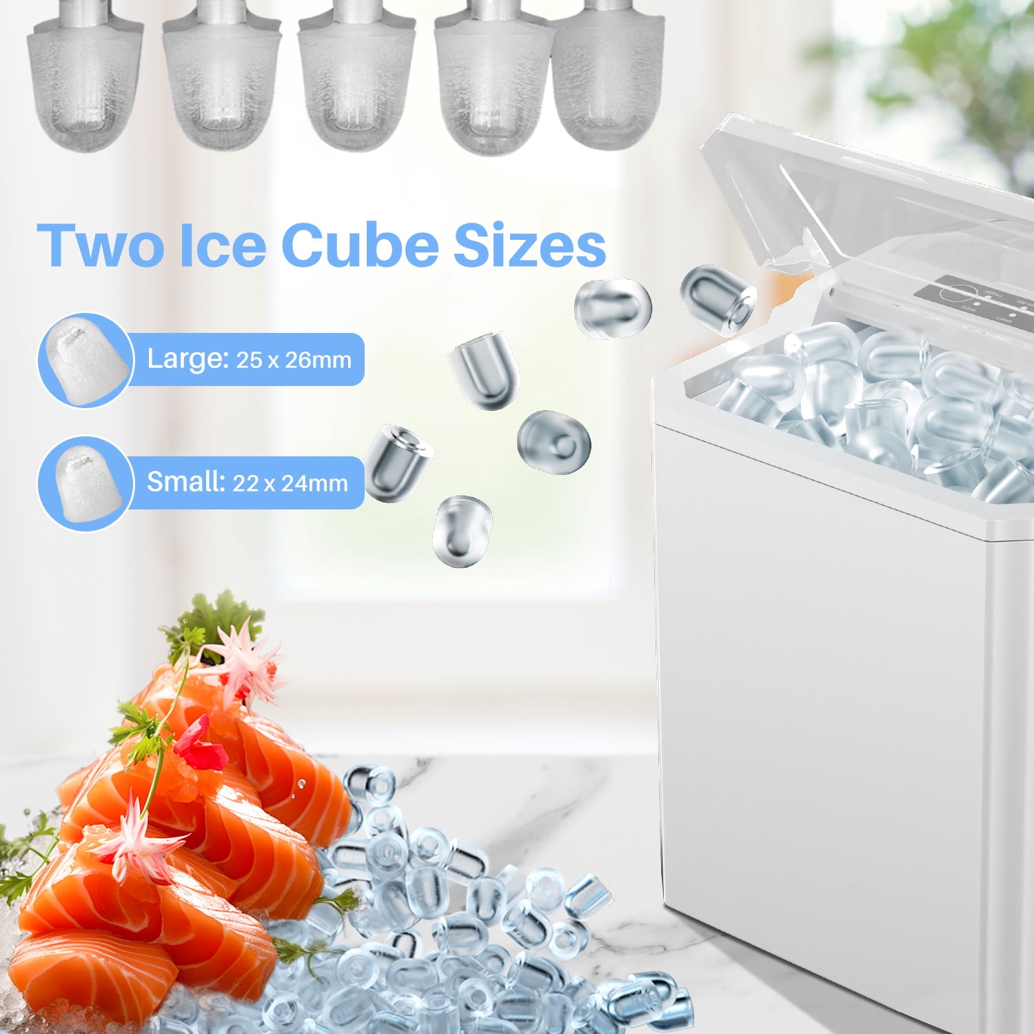 Simenmax Ice Maker, Portable Countertop Icemaker Machine, Self Cleaning Quiet 2 Sizes Bullet Cubes Makers, 9 Cubes in 6 Mins,White