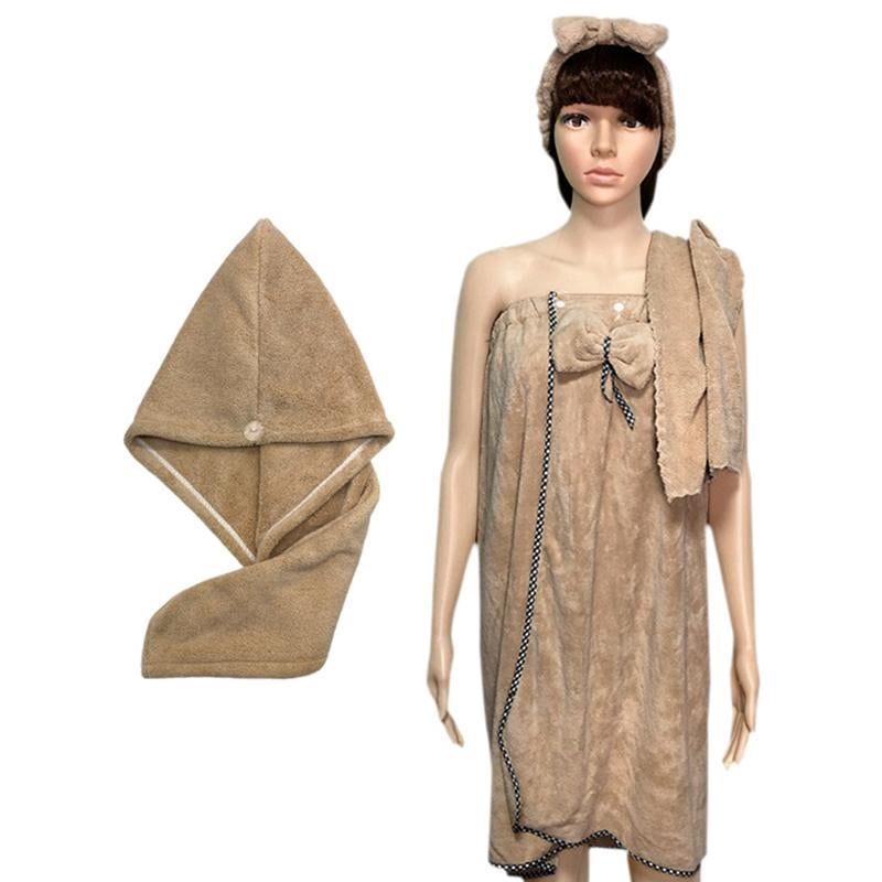 Yammee 4Pcs/Set Women Wearable Bath Wrap with Towel Headband Hair Dry Cap Bow Bathrobe