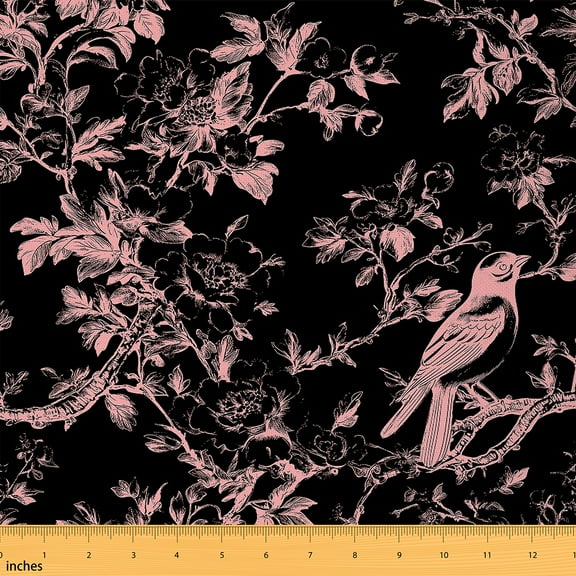 Homewish Romantic Flower Fabric by the Yard 1 Yard,Natural Botanical Floral Home Decor Fabric by the Yard,Black Pink Sewing Fabric For Children,Microfiber Bedroom Decor