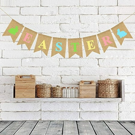 atimier Burlap Happy Easter Banner | Rustic Easter Celebration Decorations | Happy Easter Bunting Garland with Rabbit Bunny Sign | Easter Party Decor Photo Props