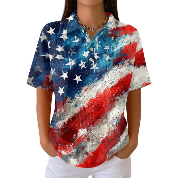 Women's 250th Anniversary Usa Flag T-Shirt Freedom Patriotic Printed V-Neck Button Down Polo Shirts 1776-2026 Regular Fit Cute Daily Spring T-Shirts,L,#02 Sky Blue