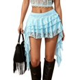 thumbnail image 4 of Unir Women Multi-Layer Floral Lace Ruffle Mini Skirt Wide Elastic Waist Irregular Asymmetrical Side Drape Western Festival Casual Short Bottom 1PC XS-L Plus Size Friendly, 4 of 5