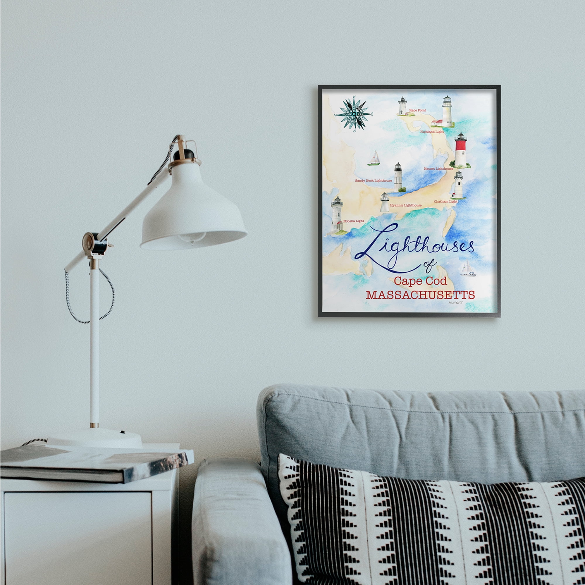 Stupell Industries Coastal Map of Cape Cod Massachusetts Lighthouses Black Framed, 24 x 30, Design by Melissa Hyatt LLC