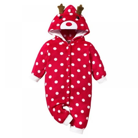

Infant Christmas Plush Polka Dot Jumpsuit Embroidered Rompers Hooded Jumpsuit Crawling Clothes Overall Clothes 0-18M