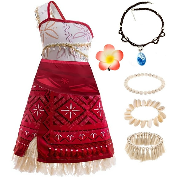 Princess Moana Adventure Costume for Girls Kids Ocean Theme Birthday Halloween Dress up With Necklace Shell anklet 3-4Years