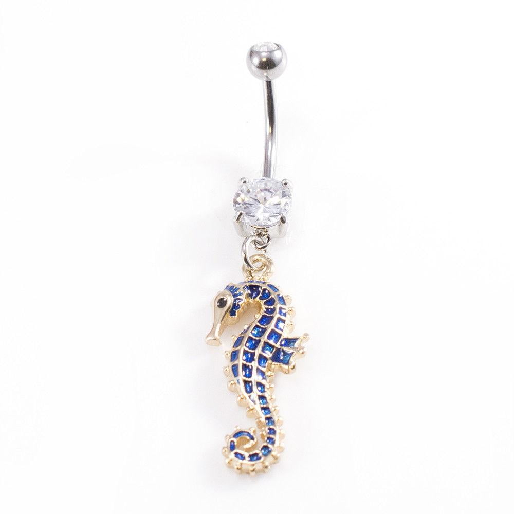 Fancy Seahorse Marine Fish Dangle Belly Gem Navel Body Piercing Jewelry Ring Bar 