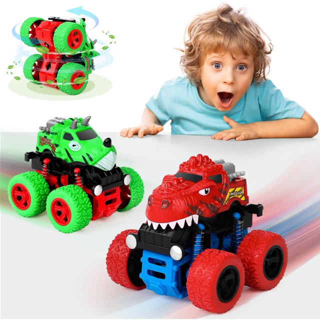 Awsogiff Juguetes de dinosaurios para niños de 3, 4 y 5 años, paquete de 2 dinosaurios con fricción de empuje y tracción, Monster Truck, coches de dinosaurio para niños de 3 a 5 años, regalos de cumpl