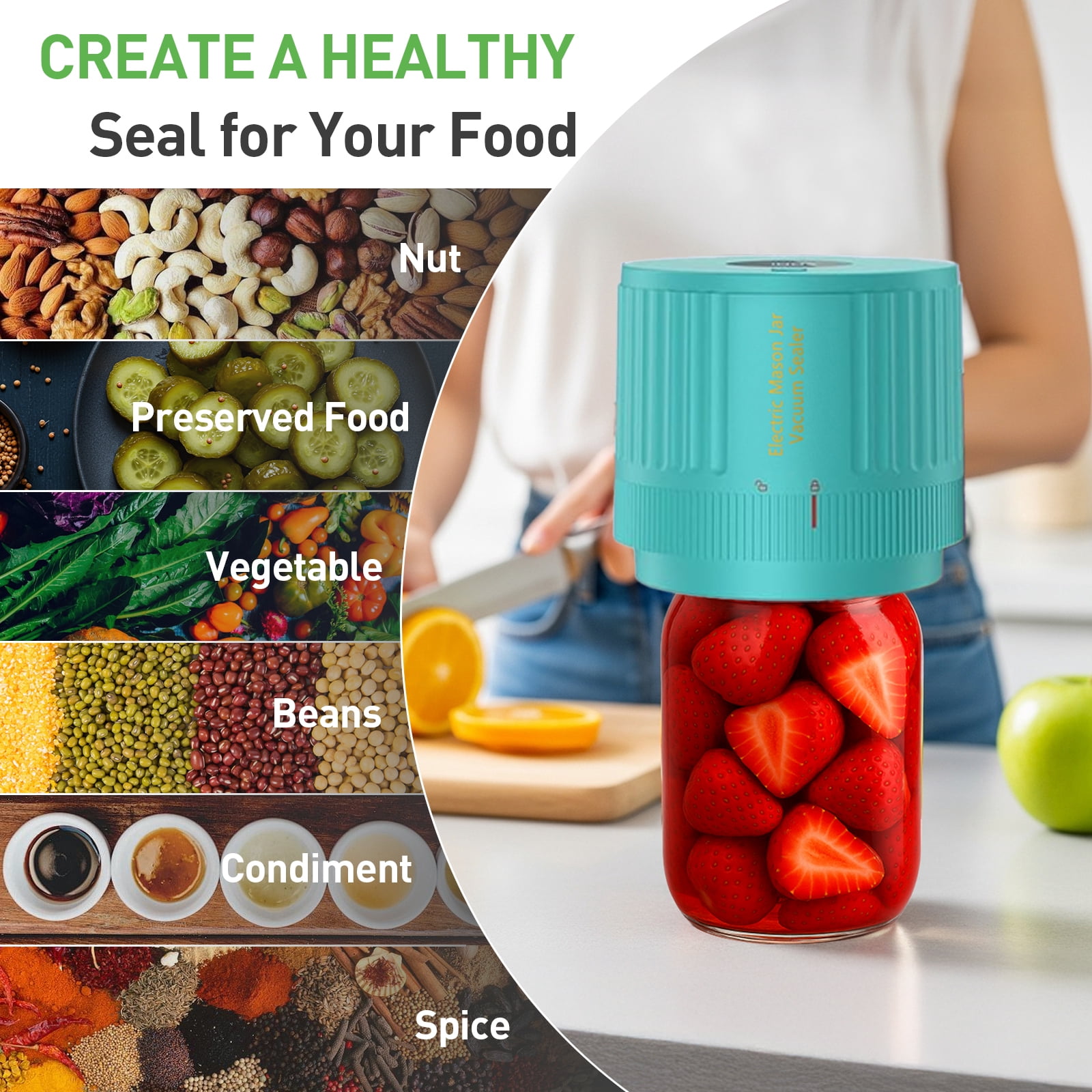 AARTVARK TEES Electric Mason Jar Vacuum Sealer, Vacuum Sealer Kit for Wide-Mouth & Regular-Mouth Mason Jars, Food Storage and Fermentation, Green