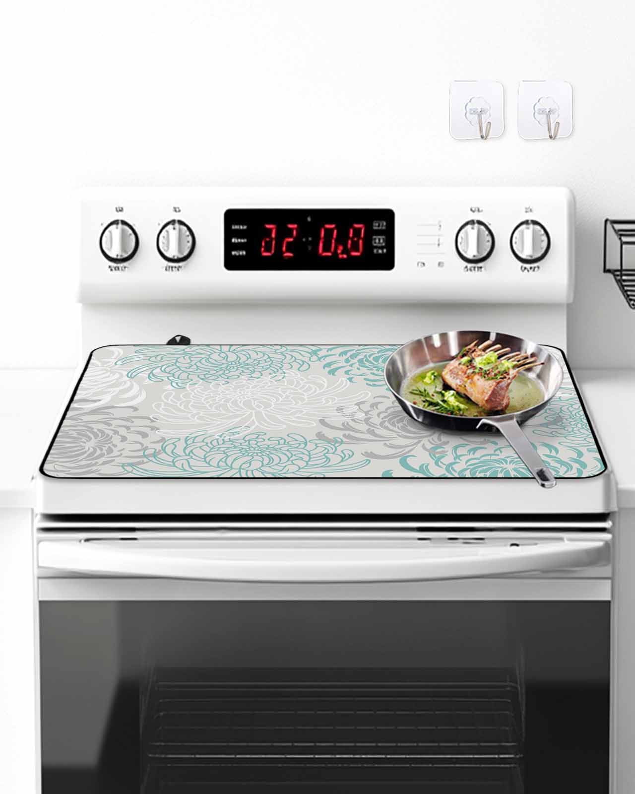 Stove Top Covers for Electric Stove, Aqua White Glass Stovetop Cover Protector, Abstract Grey Chrysanthemum Flower Floral Induction Cooktop Protector Oven Mat for Kitchen Countertop 28.5"x20.5"