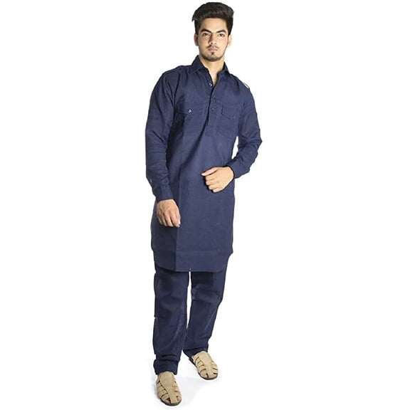 Royal Men's Navy Blue Cotton Blended Pathani Suit