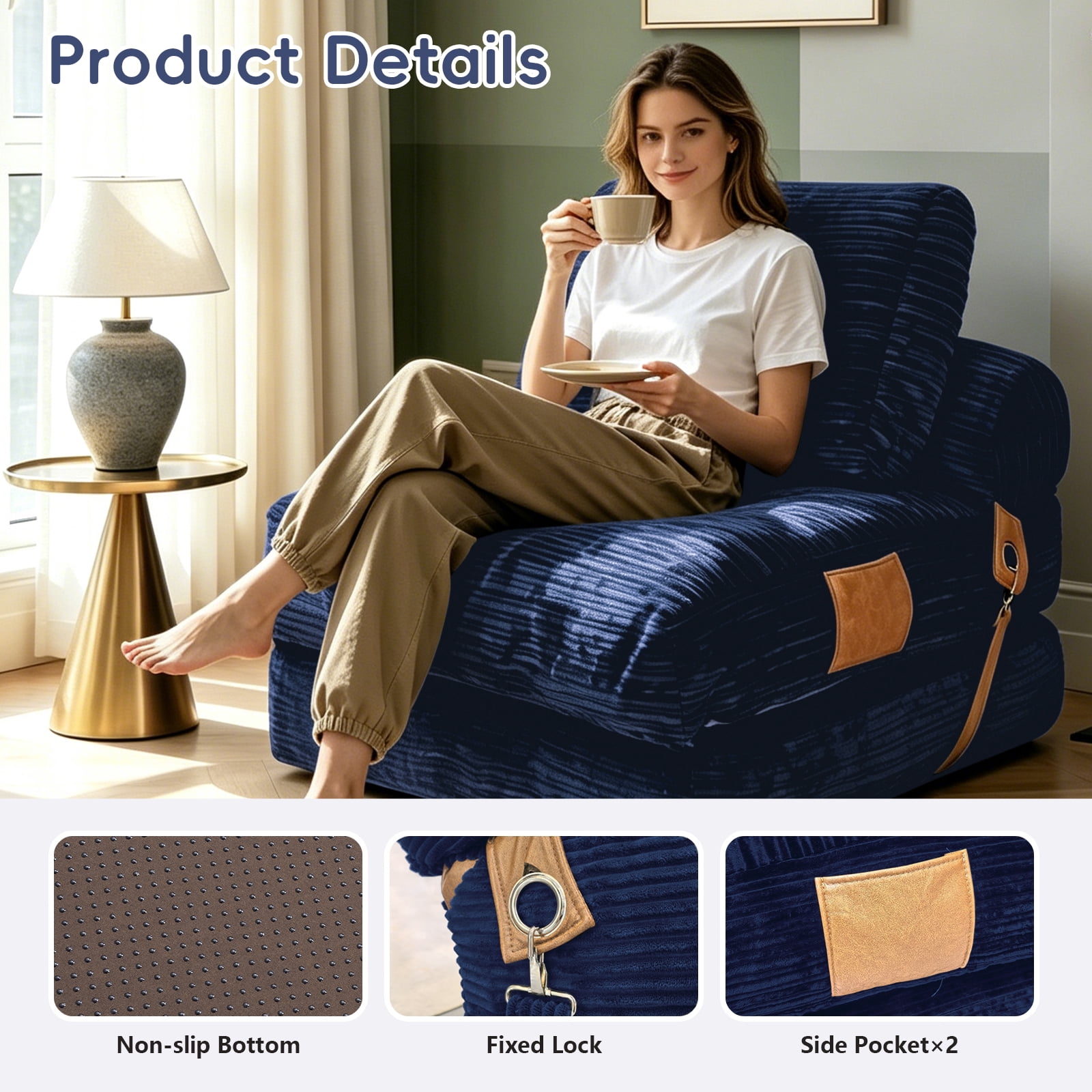 Leumius Folding Sofa Bed,Convertible Chair Bed with Pillow and Back Support,Portable Fold Out Couch Floor Sofa for Living Room Bedroom,Blue