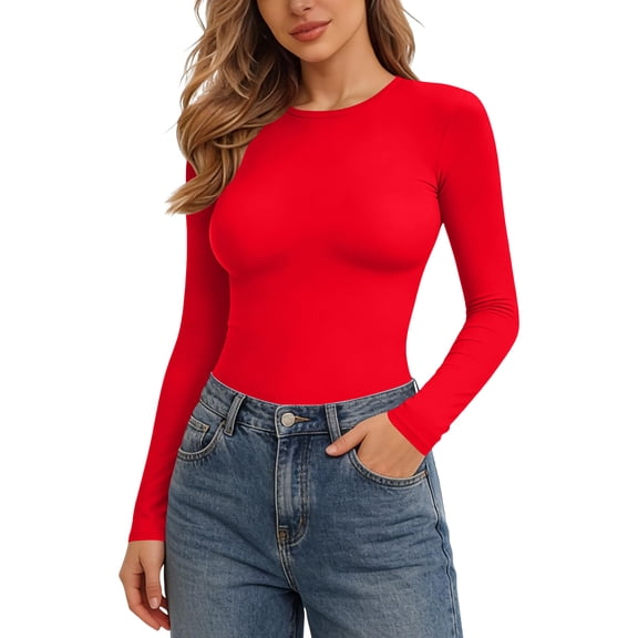 Zpanxa Womens Long Sleeve T Shirts Slim Fit Bodysuit with Crew Neck, Solid Color Stretchy Basic Top, Casual Everyday Wear