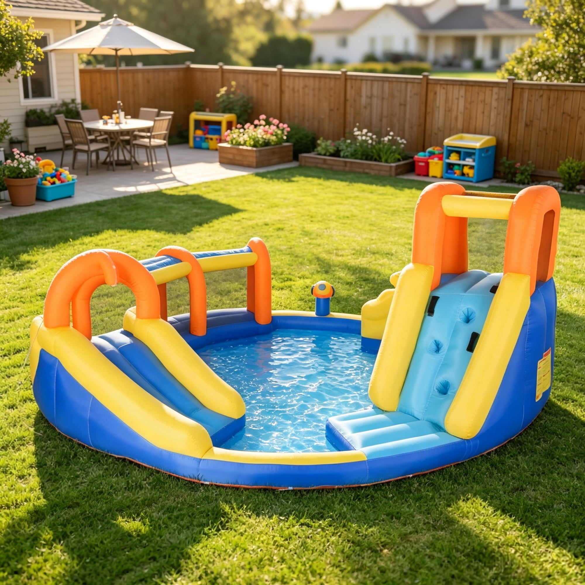 6-in-1 Inflatable Water Slide Bounce House, Kids Jumping Castle with Slide, Basket, Pool, Climbing Wall & Tunnel for Backyard Summer Water Party