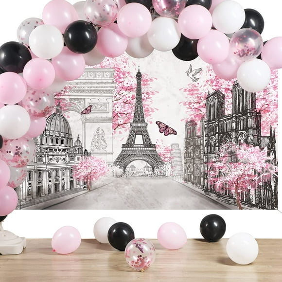 76 Pcs Paris Party Supplies Set Pink Paris Theme Party Decoration Eiffel Tower Party Backdrop White Pink Black Balloon Arch Garland Kit for Kid Boy Girl Birthday Decoration