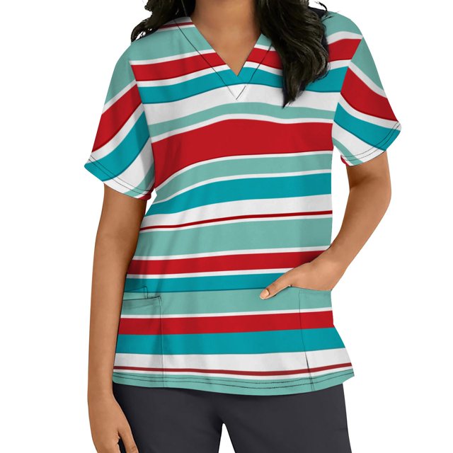 Snoarin Summer Plus Size Going Out Tops for Women Tops Short Sleeve V-neck Tops Working Uniform Stripe Print With Three Pockets Blouse Work Uniforms for Women on Clearance