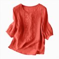 thumbnail image 2 of KPOPLK Women's Casual Linen Tops Short Sleeve Scoop Neck Summer Blouses Cotton Blend Breathable Lightweight Loose Fit Tee Shirts for Beach XL,Orange, 2 of 8