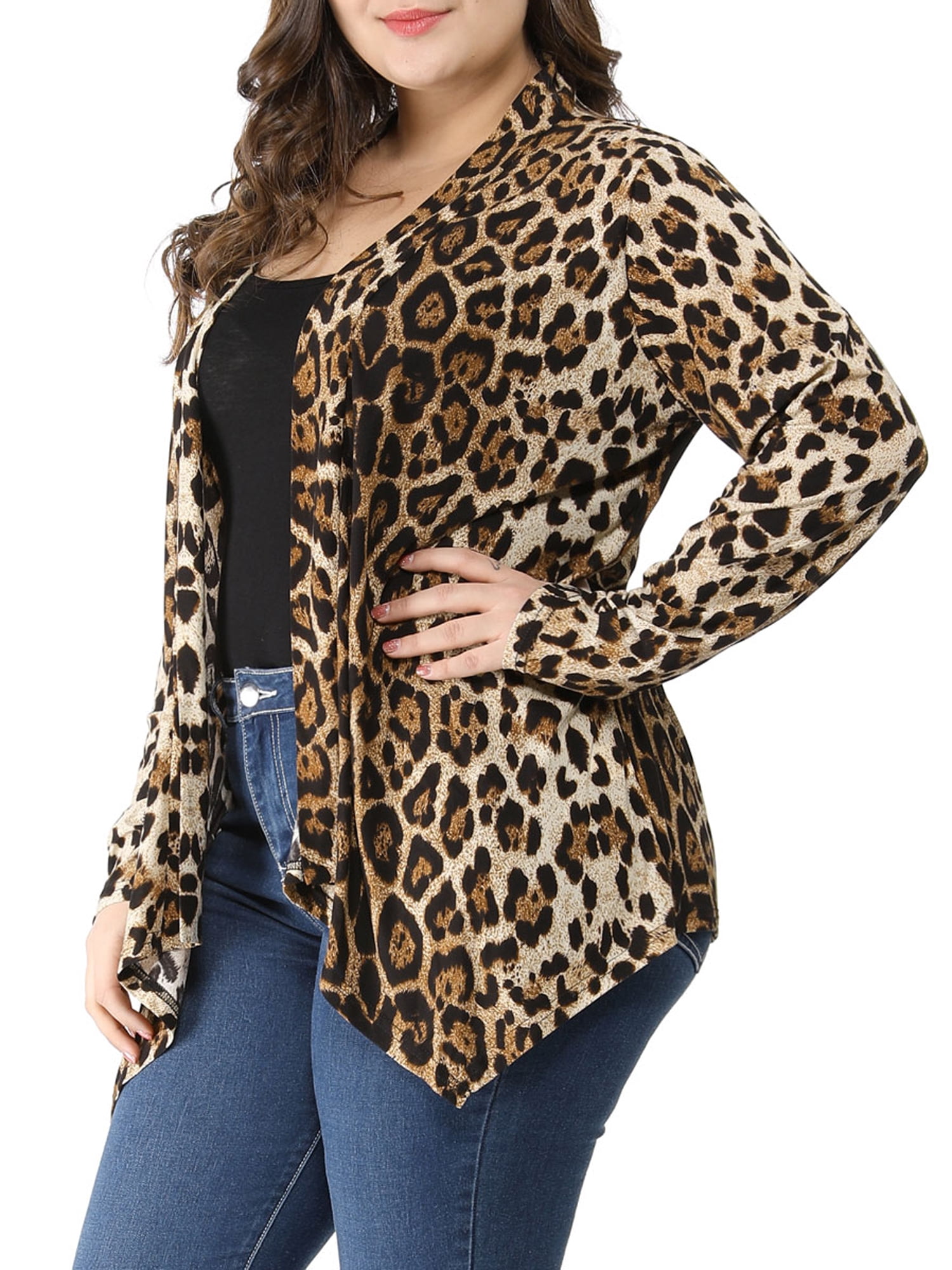 Unique Bargains Juniors' Plus Size Leopard Front Open Asymmetrical Cardigan 3X Beige