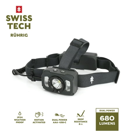 swiss tech rechargeable led headlamp ip54 weatherproof drop resistant motion activated 680 lumen