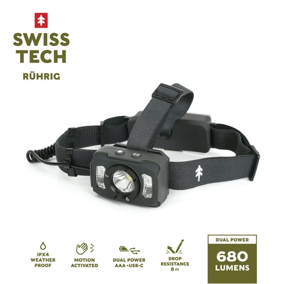 Swiss Tech Rechargeable LED Headlamp, IP54 Weatherproof, Drop Resistant, Motion Activated, 680 Lumen