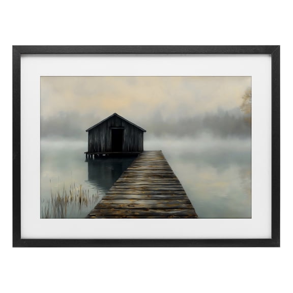Stupell Industries Lakeside Boathouse Dock Black Framed Print Under Glass design by LSR Creative Studio, 14 x 20