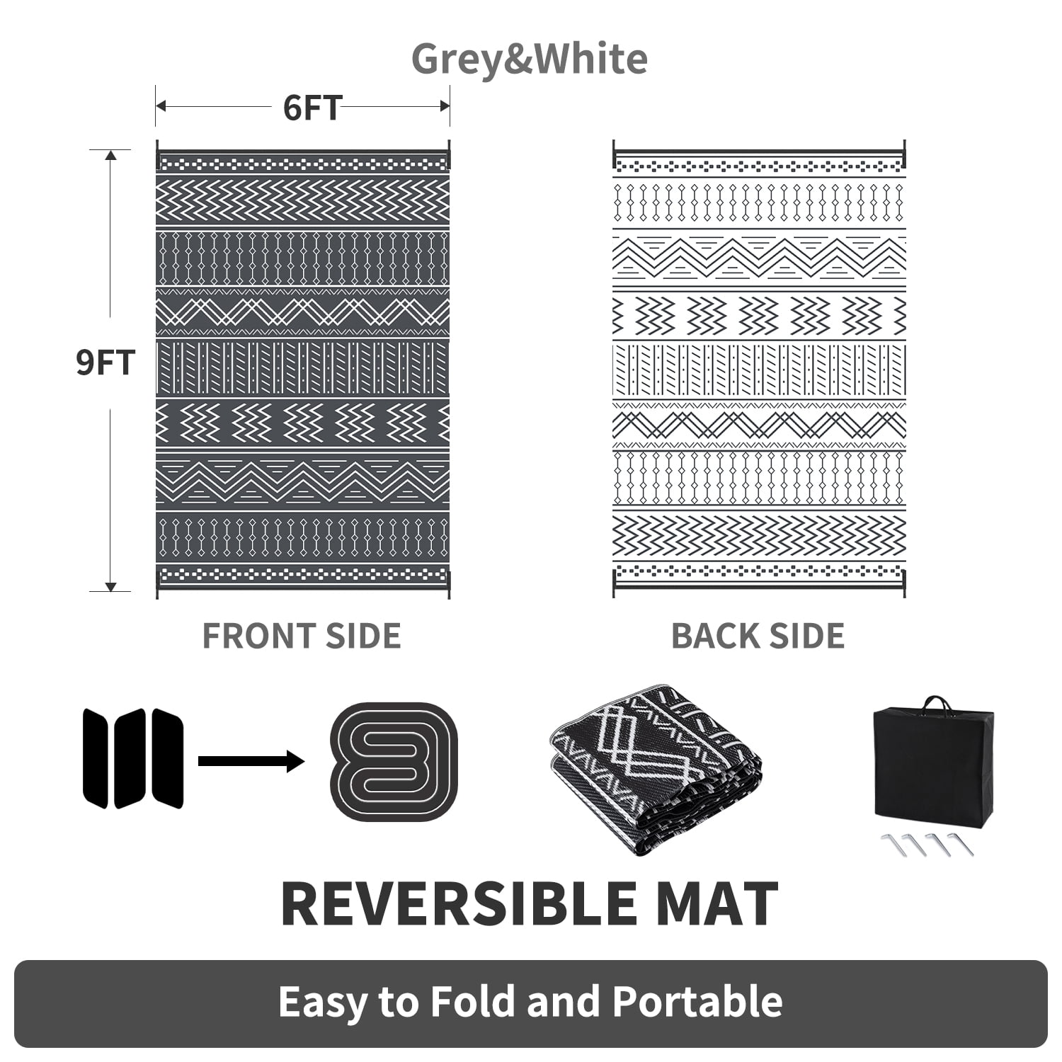 SIXHOME Outdoor Rug 6'x9' Waterproof Patio Rug Reversible Indoor Outdoor Rug Lightweight Plastic Straw Rug for RV Camping Deck Balcony Boho Porch Decor Dark Grey and White