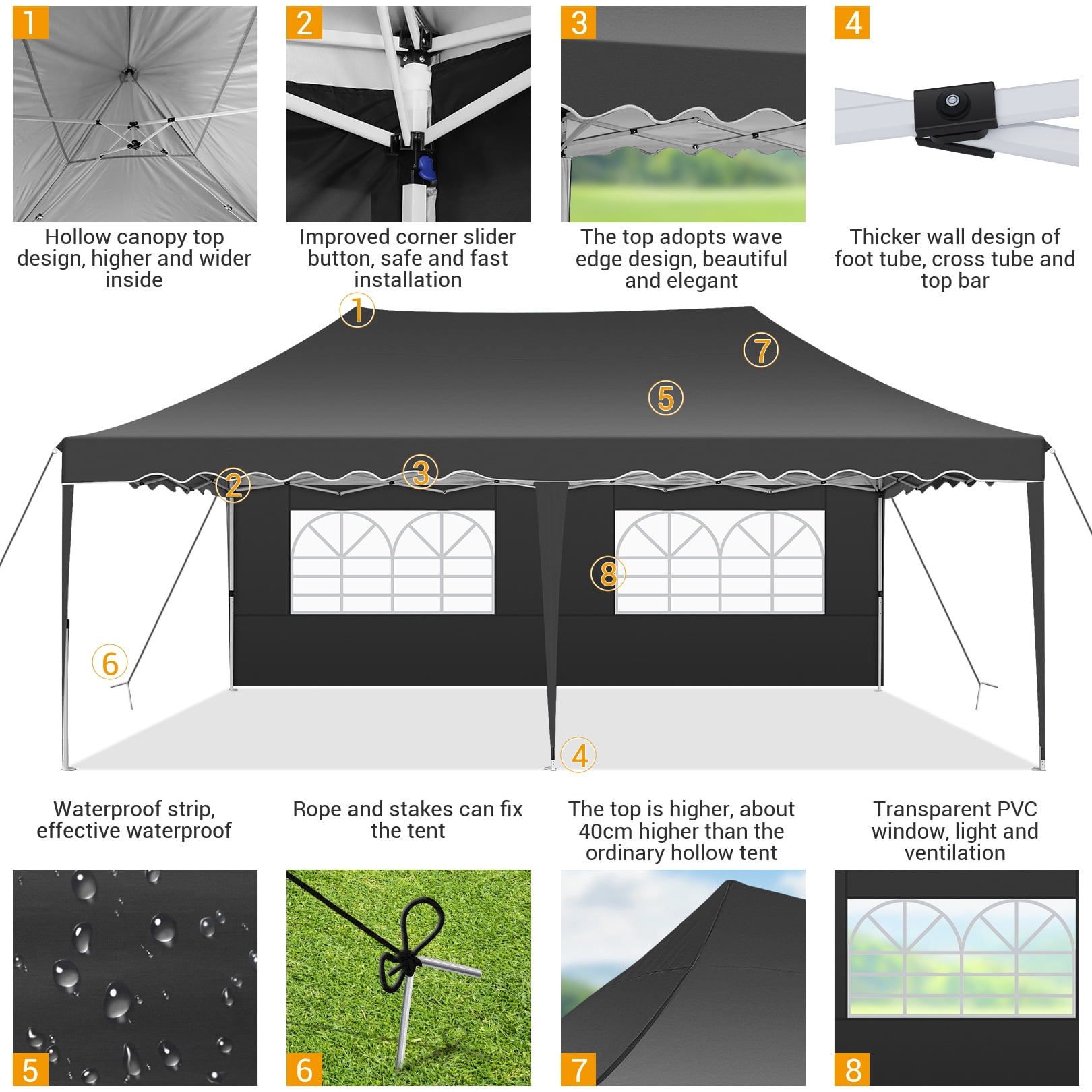 SANOPY 10' x 20' Pop up Canopy Party Tent with 6 Removable Sidewalls, Wave Eave Outdoor Waterproof Patio Gazebo Tent with Carry Bag, Backyards Camping Picnics, Black
