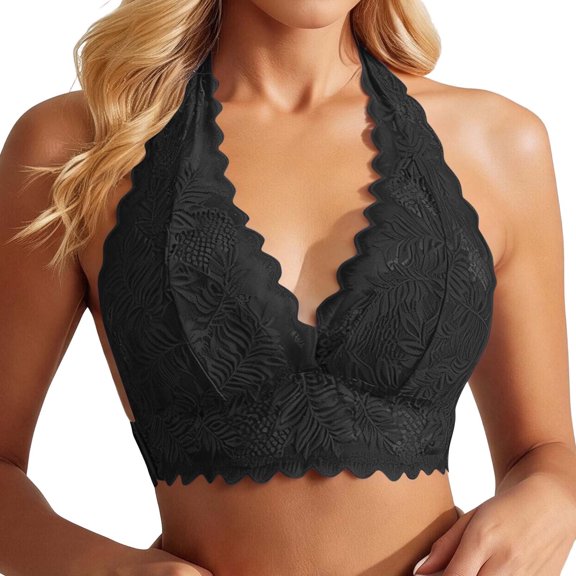 Iugvhana Women's Lace Halter Bras V-Neck Side Closure Push Up Bra Backless Elegant Scalloped Trim Party Date Night Bras Daily Bra Black XL