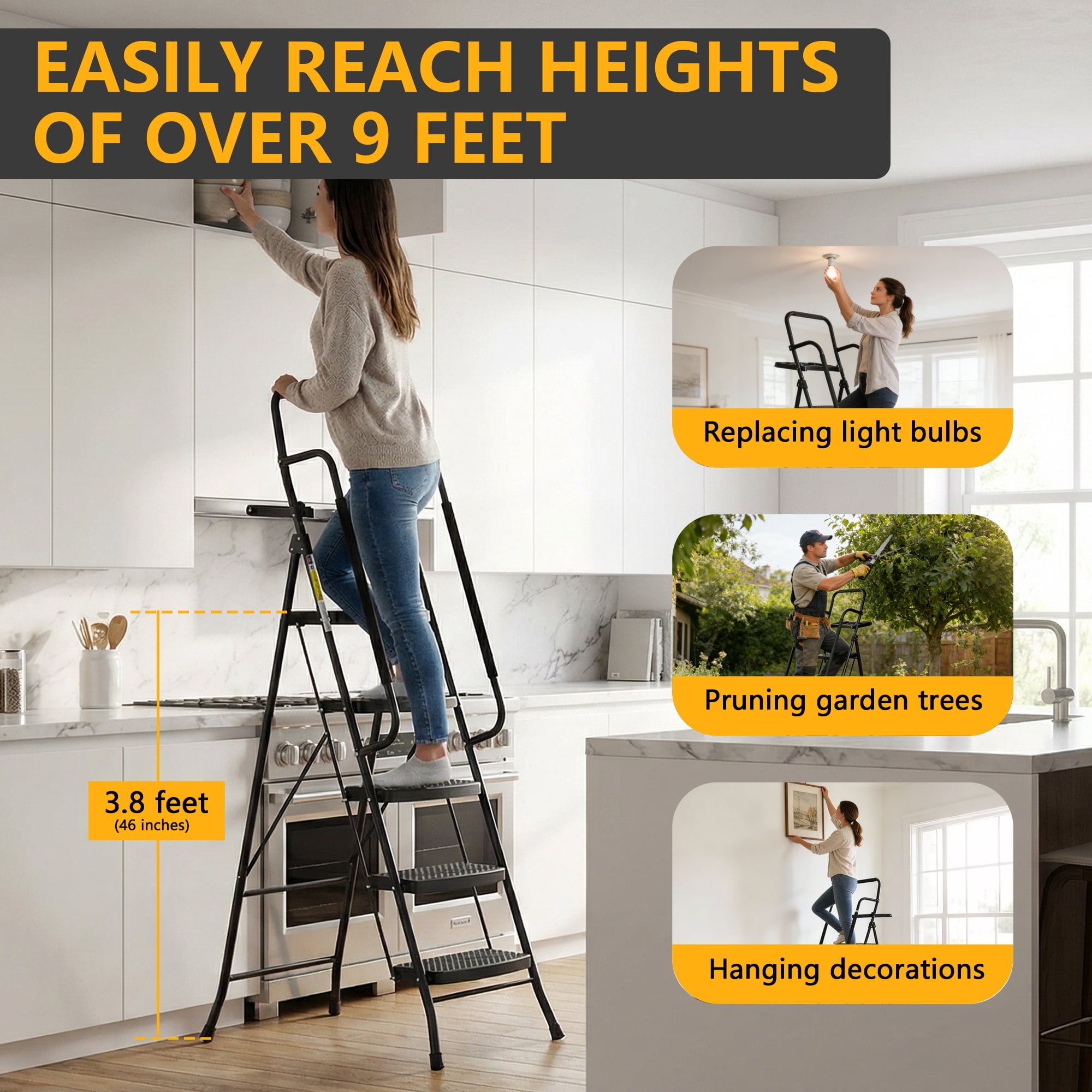 LevLad 5 Step Ladder with Tool Tray, Step Stool with Safety Lock, Non-Skid Wide Steps, Handrails, Household Folding Ladder for Home, Garden, Painting, Outdoor, Garage, Black